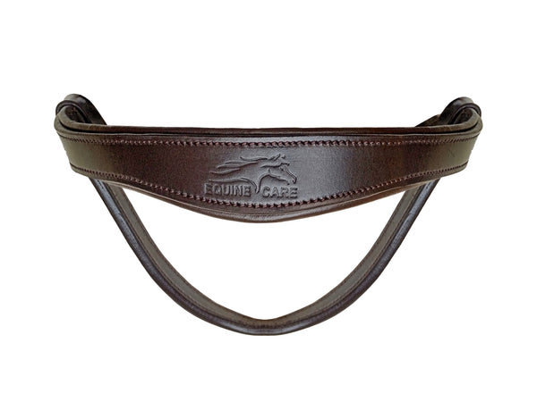 Close-up of padded leather noseband embossed with Equine Care logo