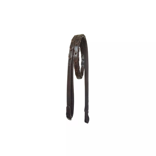 Close-up of Equine Care full-grain leather reins with stitched finish for secure grip and durability