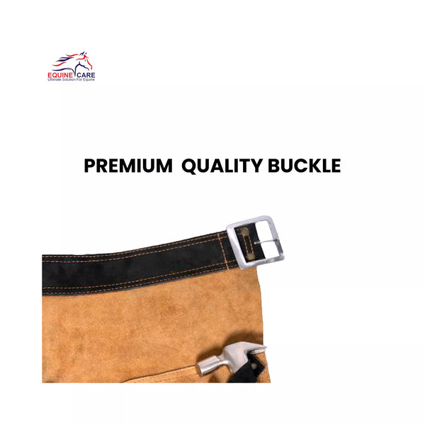 Close-up of premium metal buckle and reinforced waist strap on the 25-inch Premium Elite Farrier Apron, designed for secure fastening and long-lasting durability during professional farrier work