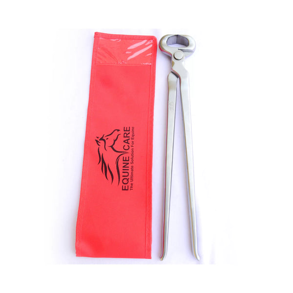 Professional spring-free hoof nippers shown with red EquineCare protective storage pouch for safe and convenient farrier tool storage