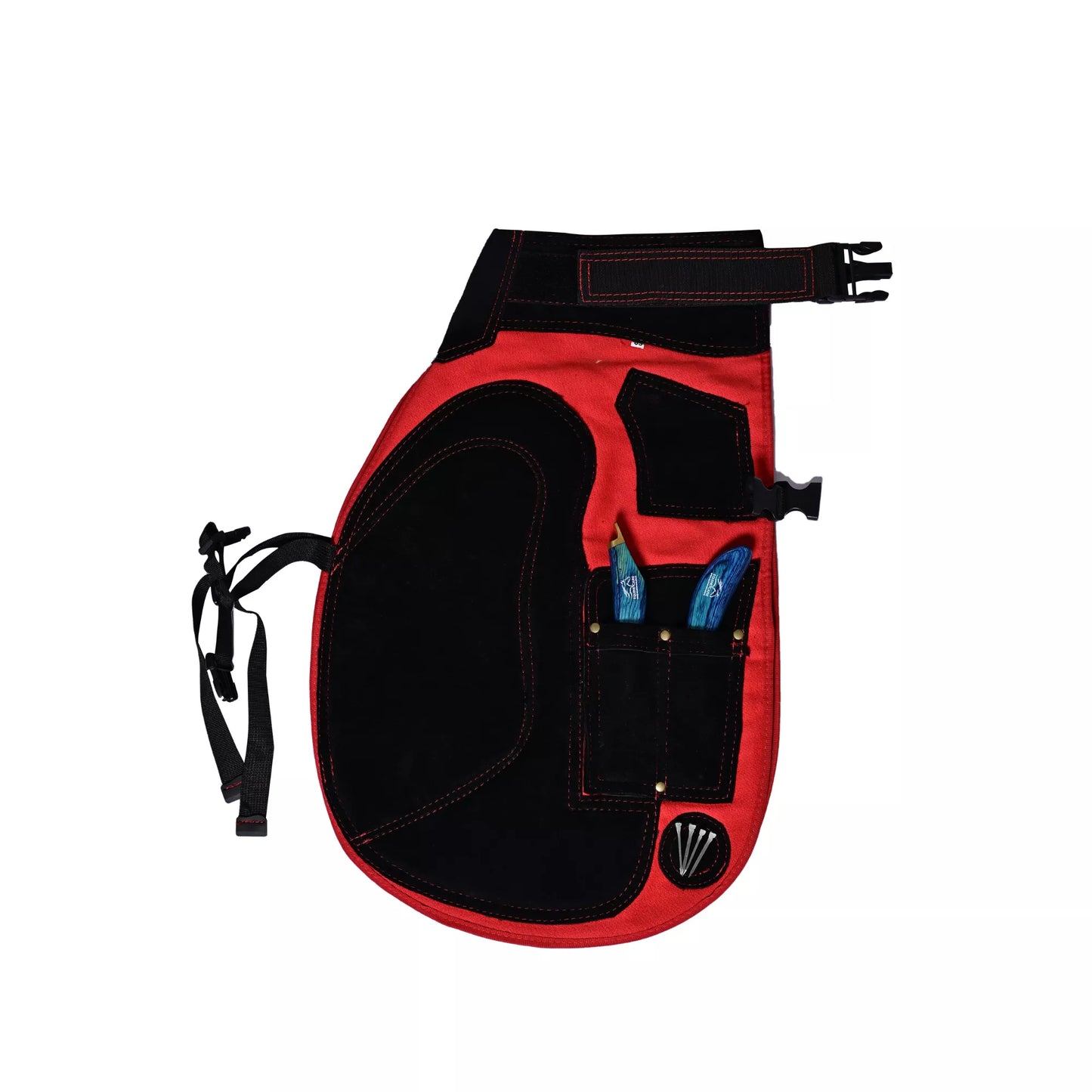 Side view of single-leg Crimson Shield Farrier Chap in red and black, featuring reinforced thigh padding, adjustable straps, and integrated tool pockets for professional horse shoeing and farrier work