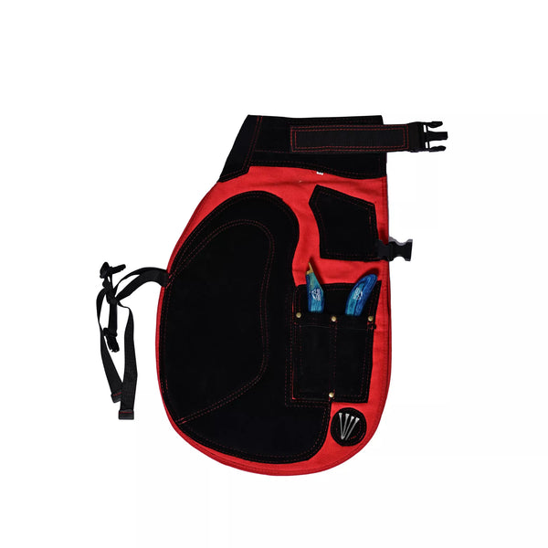 Side view of single-leg Crimson Shield Farrier Chap in red and black, featuring reinforced thigh padding, adjustable straps, and integrated tool pockets for professional horse shoeing and farrier work