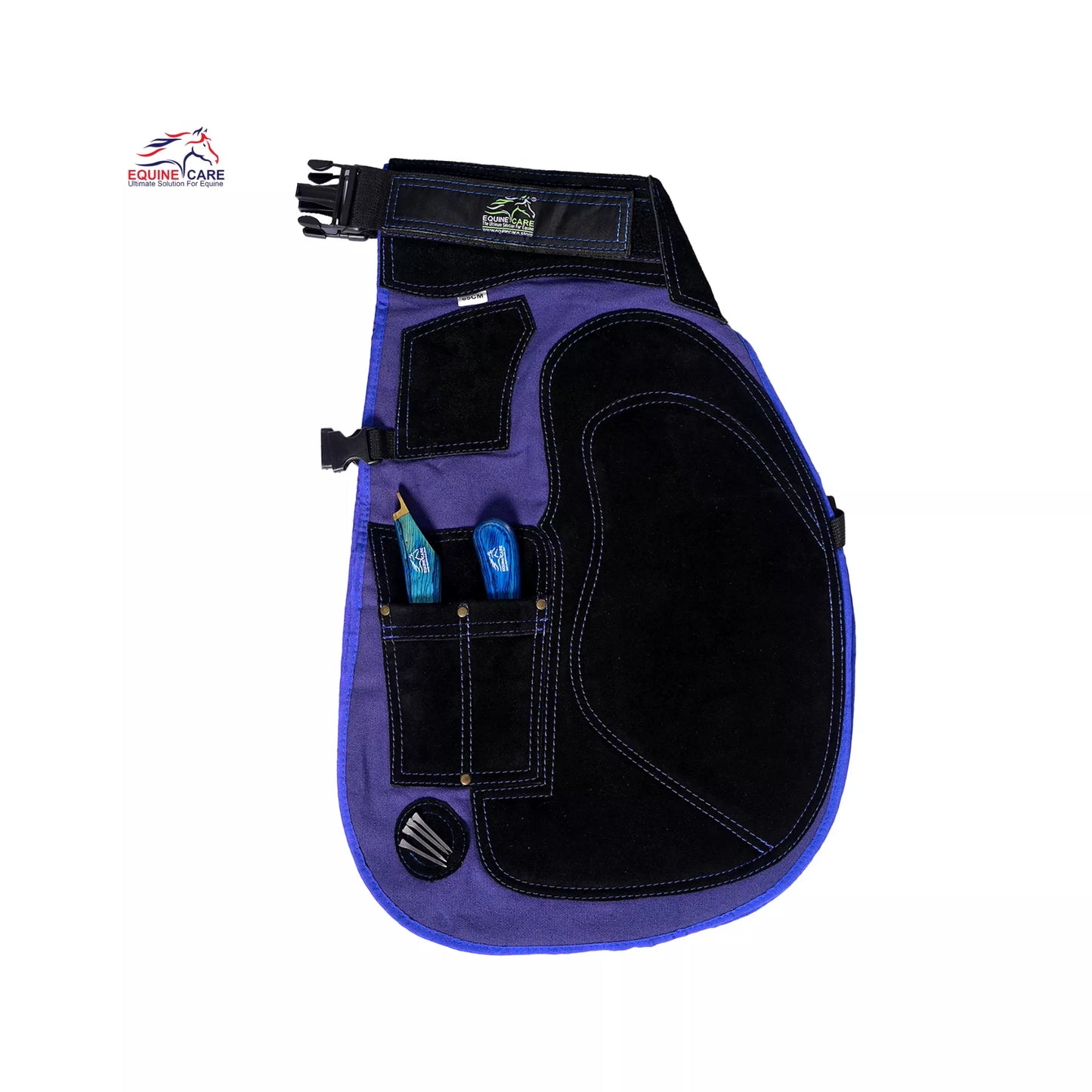 Blue and black single-leg farrier chap featuring reinforced thigh protection, adjustable straps, and built-in tool pockets for professional horse shoeing and hoof care work