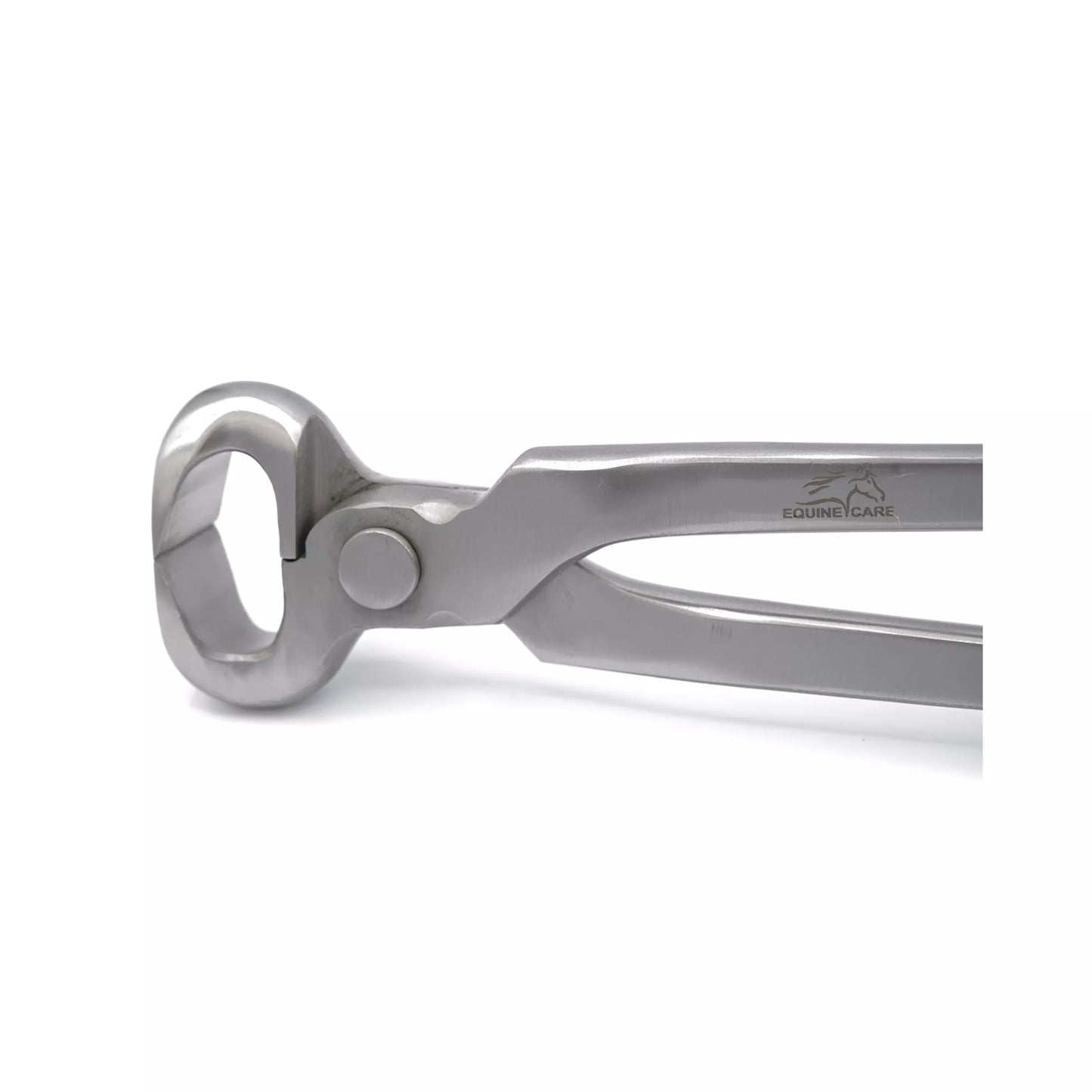 Side view of professional spring-free hoof nippers showing smooth stainless steel construction and ergonomic handle for controlled hoof trimming