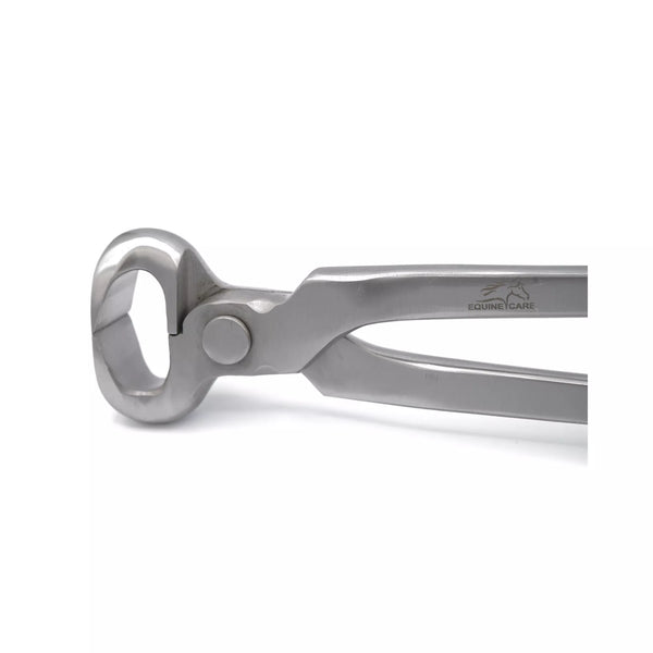 Side view of professional spring-free hoof nippers showing smooth stainless steel construction and ergonomic handle for controlled hoof trimming