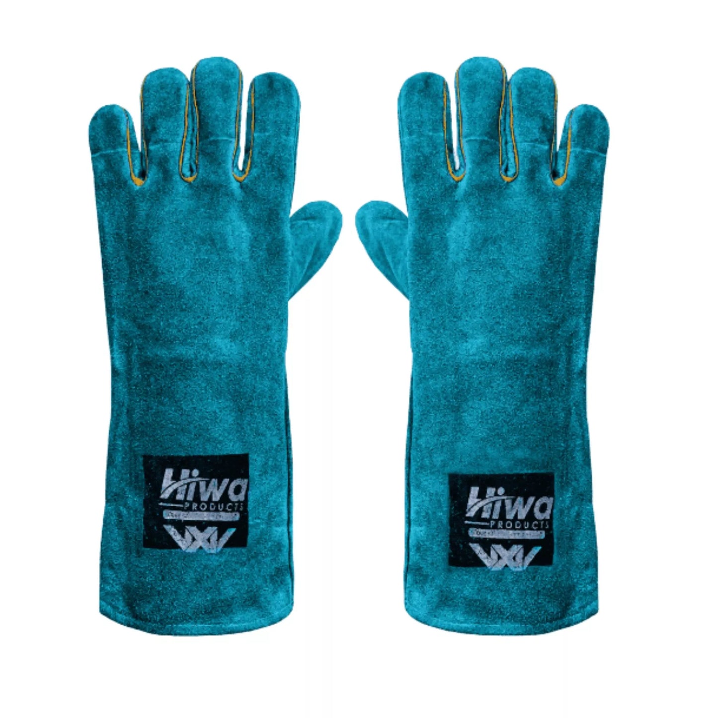 Palm side view of split cowhide welding gloves showing durable leather and ergonomic fit