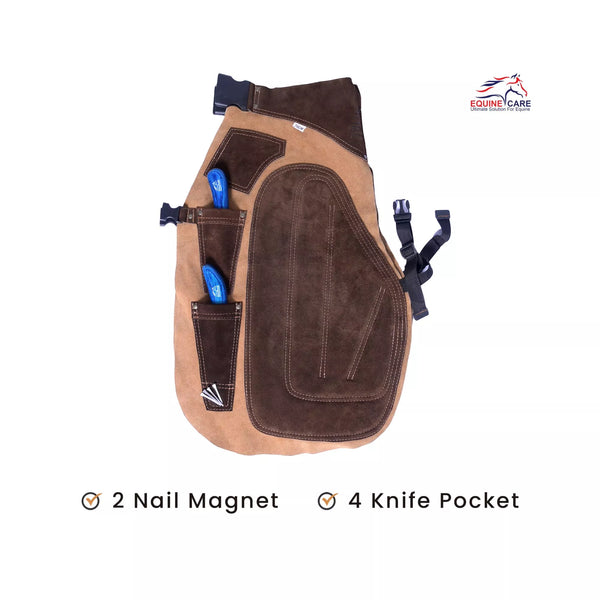 Equine Care 23-29 Inch Beige leather farrier apron Side view of single-leg brown suede leather farrier chap featuring reinforced thigh pad, two nail magnets, and four knife pockets for professional horse shoeing and farrier work