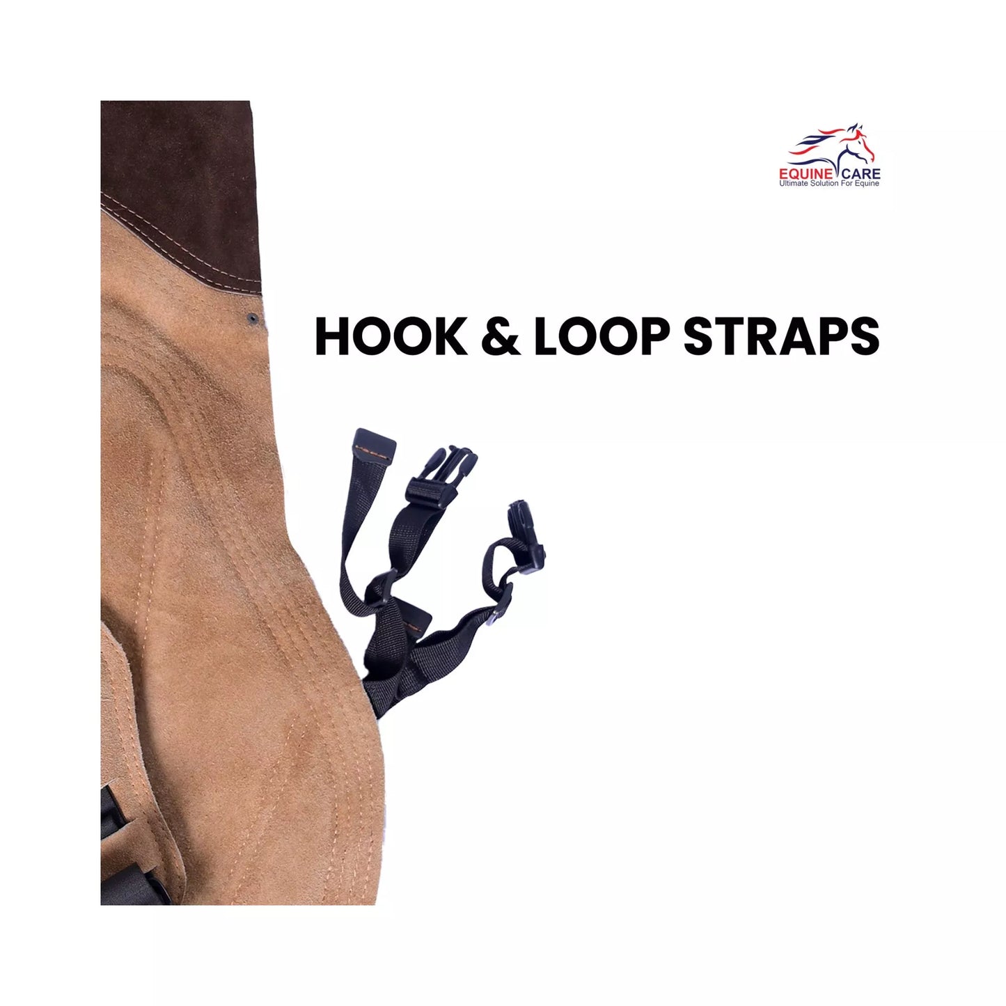 Durable beige leather farrier apron Close-up of brown suede leather farrier chap showing durable hook and loop straps with adjustable buckles for a secure and comfortable fit during horse shoeing and farrier work