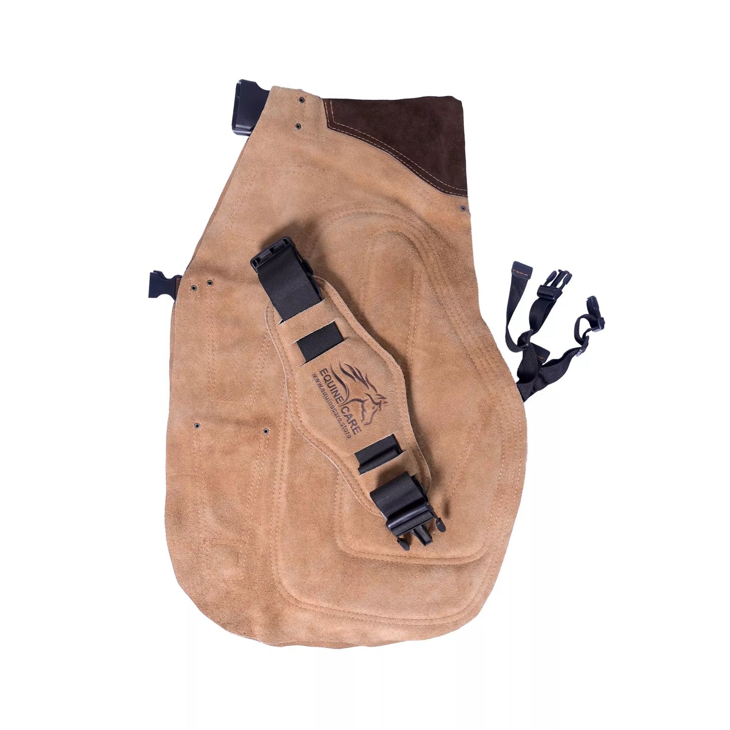 Premium beige suede leather farrier apron with EVA foam padding and canvas panels. Rear side view of single-leg brown suede farrier chap showing smooth leather surface, adjustable back strap, and secure buckles for professional horse shoeing and hoof care work