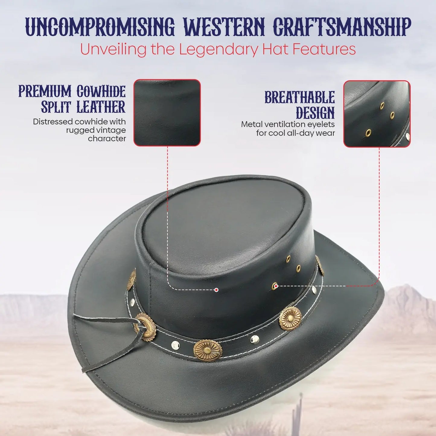 Black Leather Cowboy Hat with Concho Band & Chin Strap