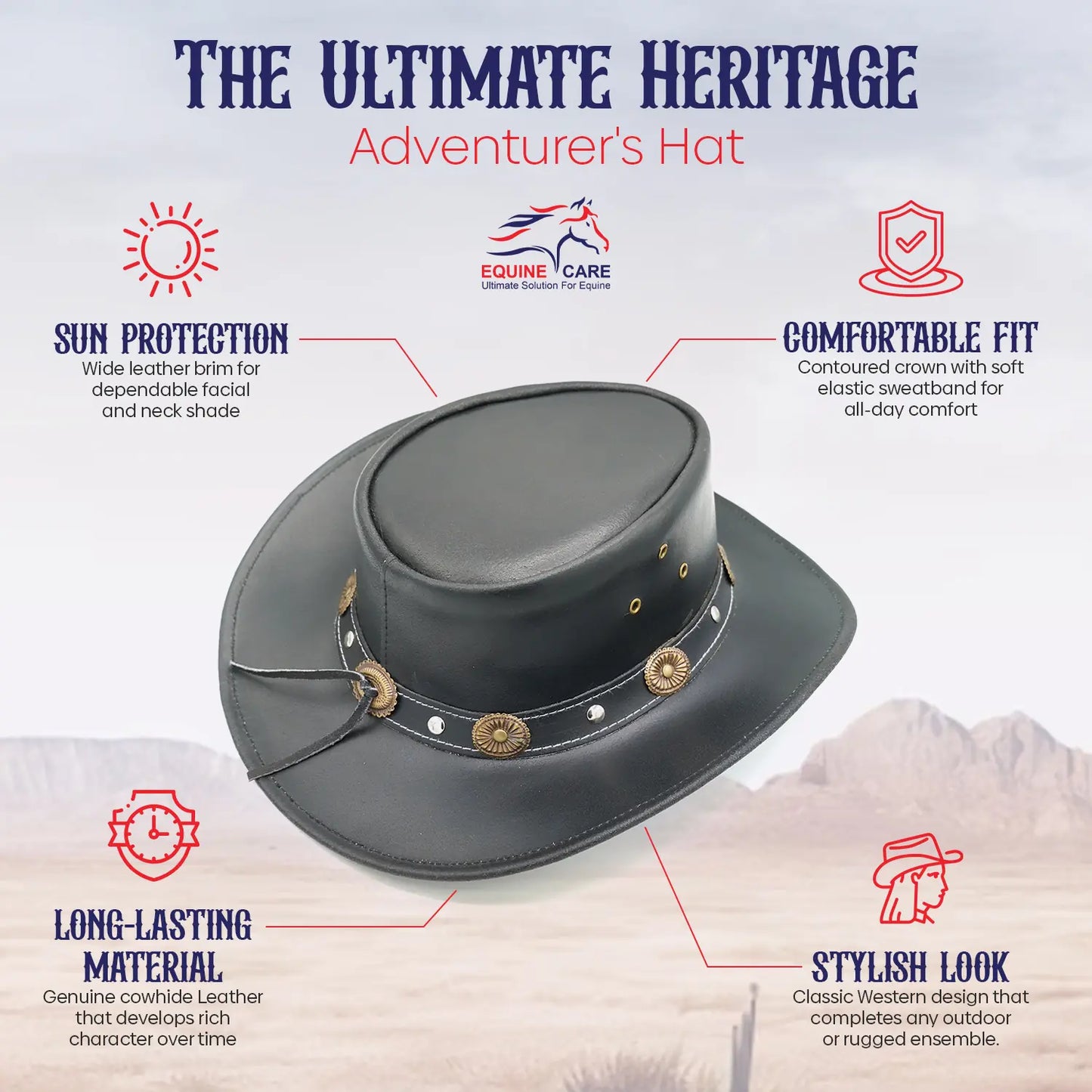 Black Leather Cowboy Hat with Concho Band & Chin Strap