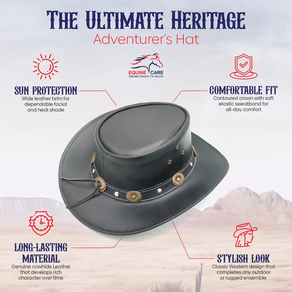 Black Leather Cowboy Hat with Concho Band & Chin Strap
