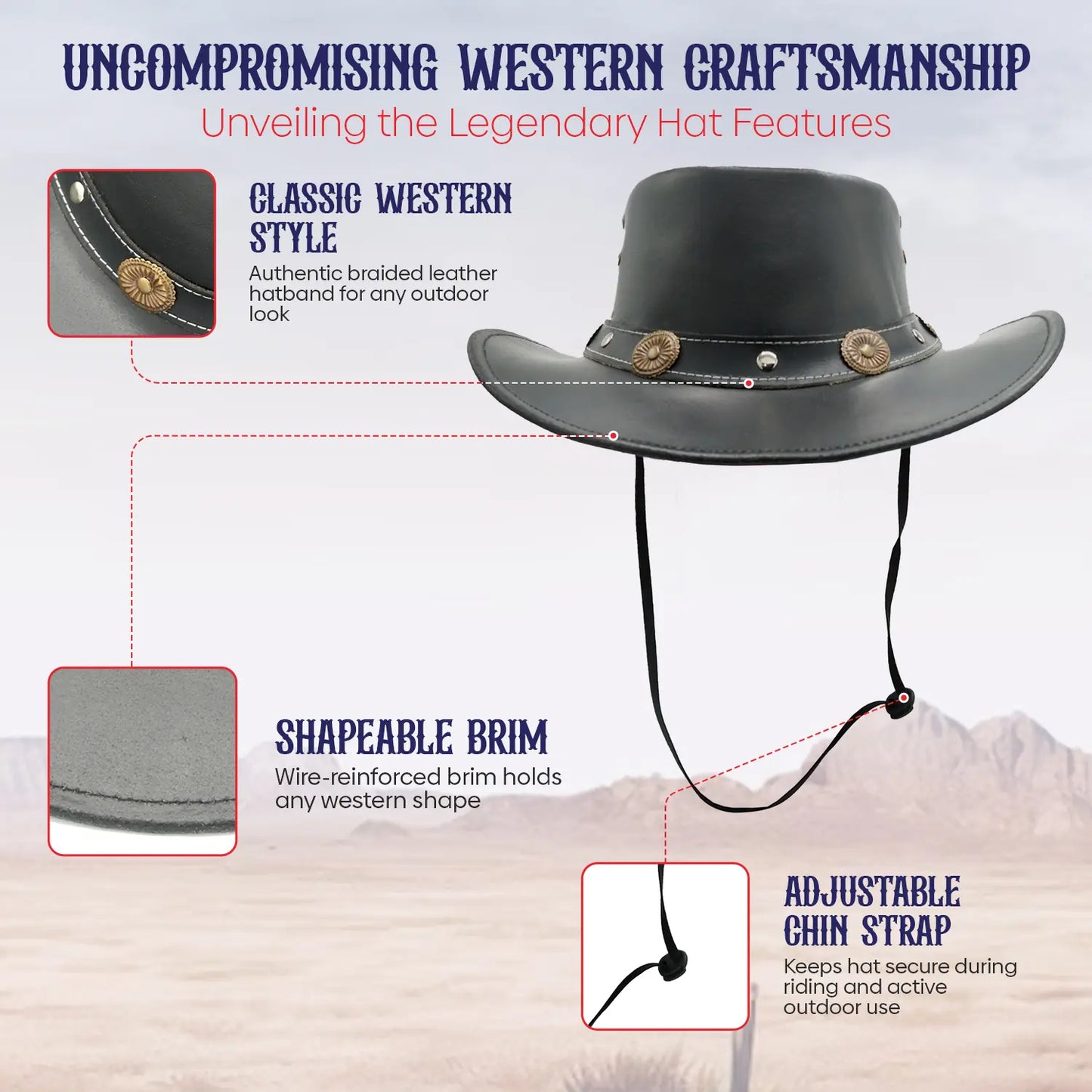 Black Leather Cowboy Hat with Concho Band & Chin Strap