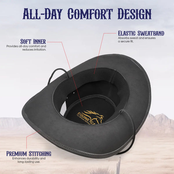 Interior of the black Western cowboy hat showing the elastic sweatband and soft padding.
