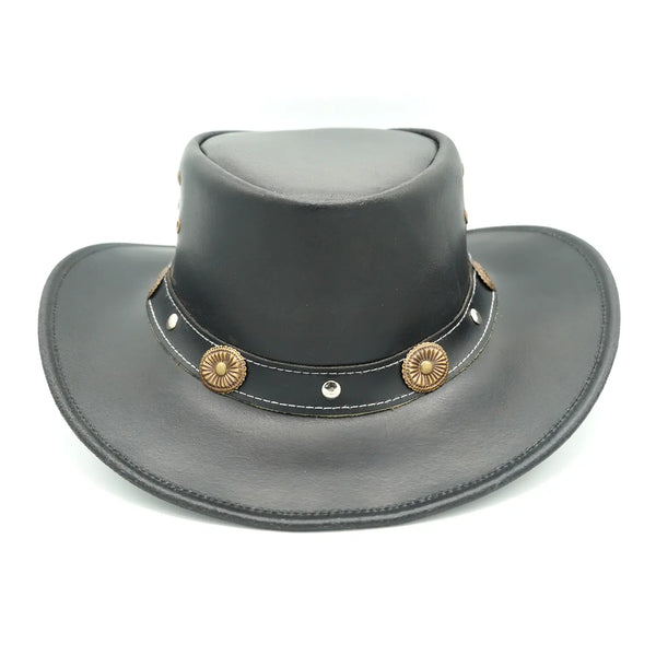 Black Leather Cowboy Hat with Concho Band & Chin Strap
