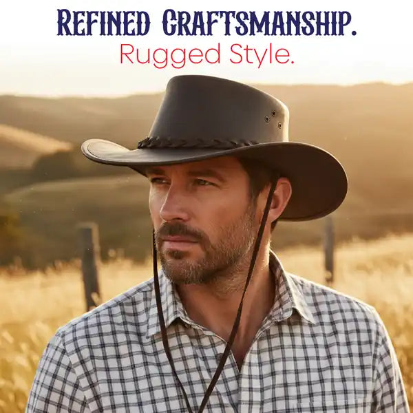 Man wearing a cowboy hat with a scenic background and text about craftsmanship and style.