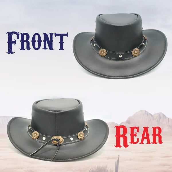 Black Leather Cowboy Hat with Concho Band & Chin Strap