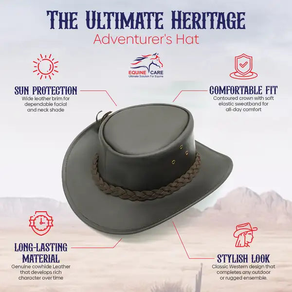 Gray hat with leather band on a white background, featuring text about the hat's features.
