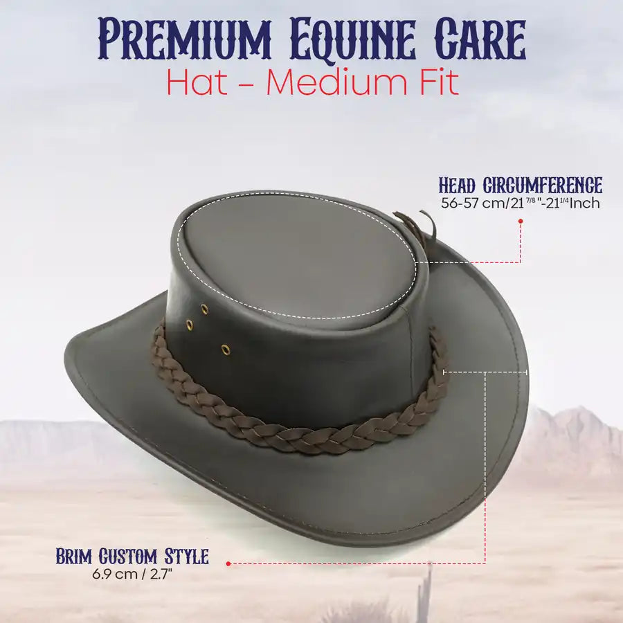 Gray hat with braided band on a white background, labeled 'Premium Equine Care Hat - Medium Fit'.