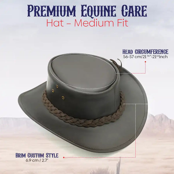 Gray hat with braided band on a white background, labeled 'Premium Equine Care Hat - Medium Fit'.