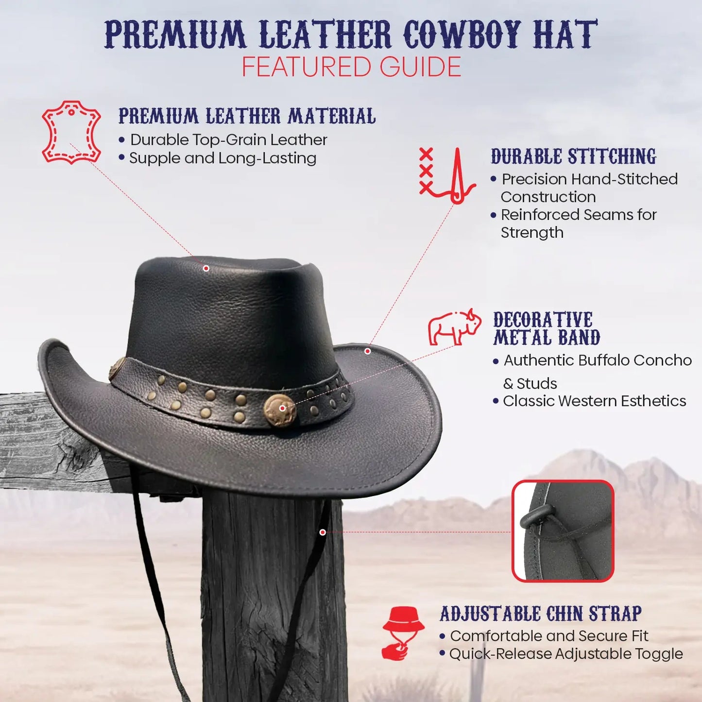 Black Western cowboy hat feature guide showing the brim, conchos, and chin cord.
