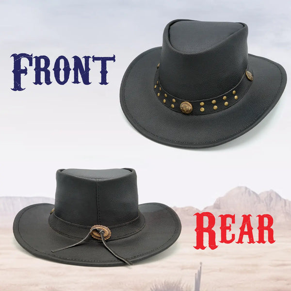 Black Western cowboy hat with buffalo conchos, shown from the front and rear.