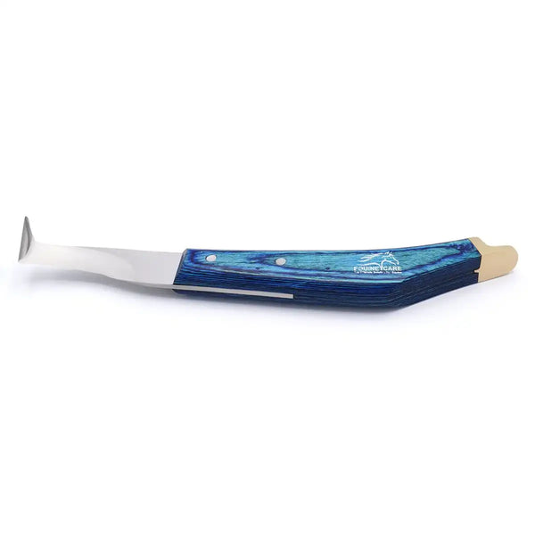 Hufschmiedmesser mit rotem Griff, Klinge aus J2-Stahl und Messingkappe