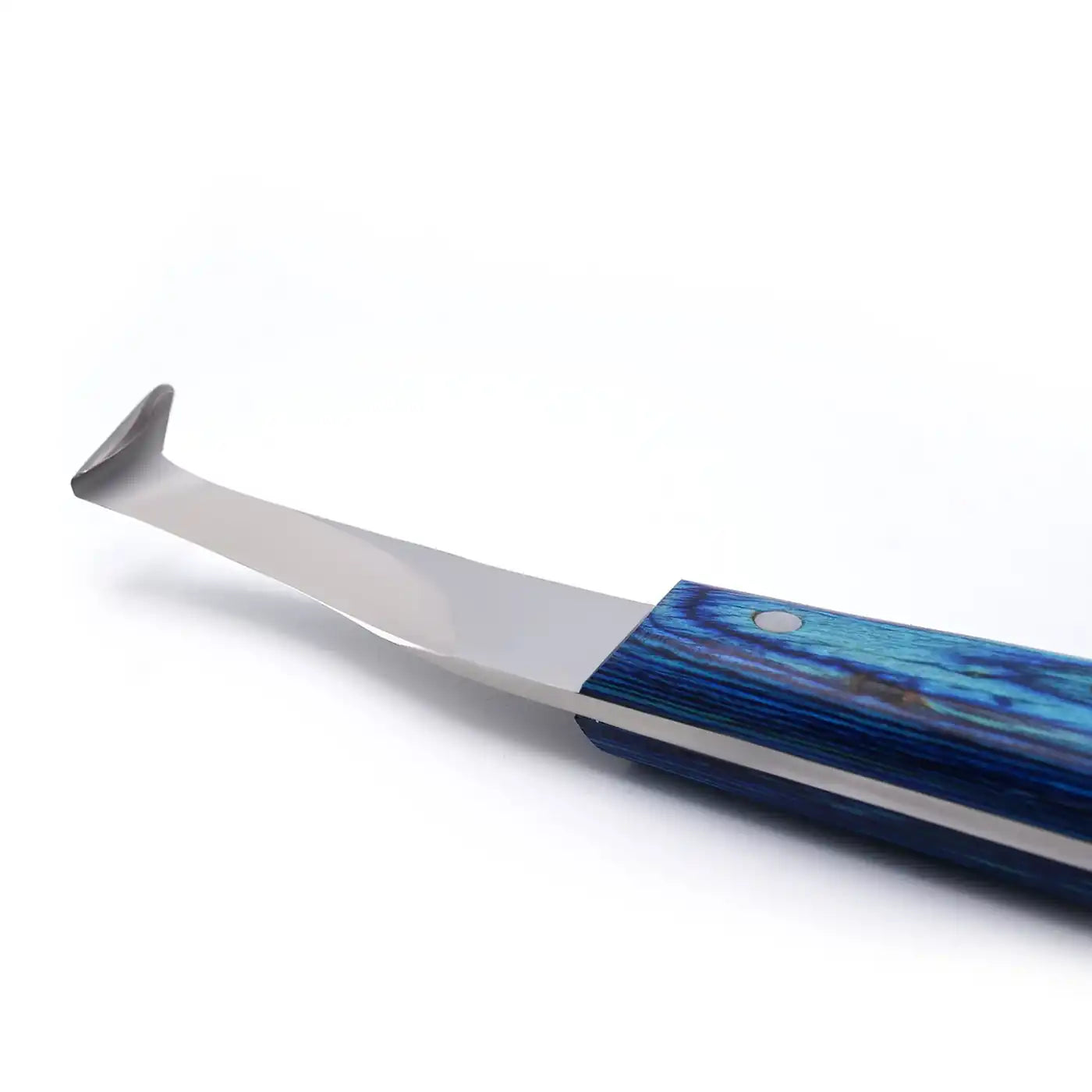 Hufschmiedmesser mit rotem Griff, Klinge aus J2-Stahl und Messingkappe