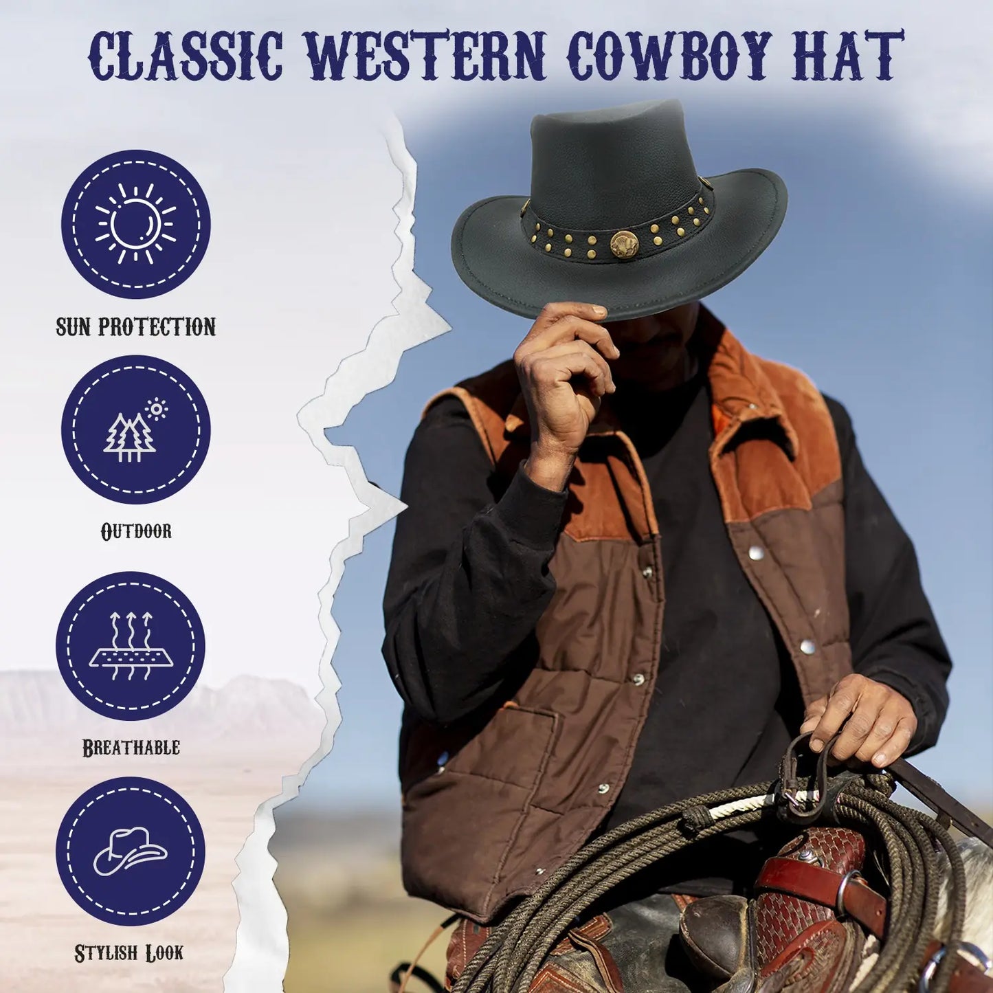 Black Western cowboy hat with buffalo conchos worn for outdoor Western wear.