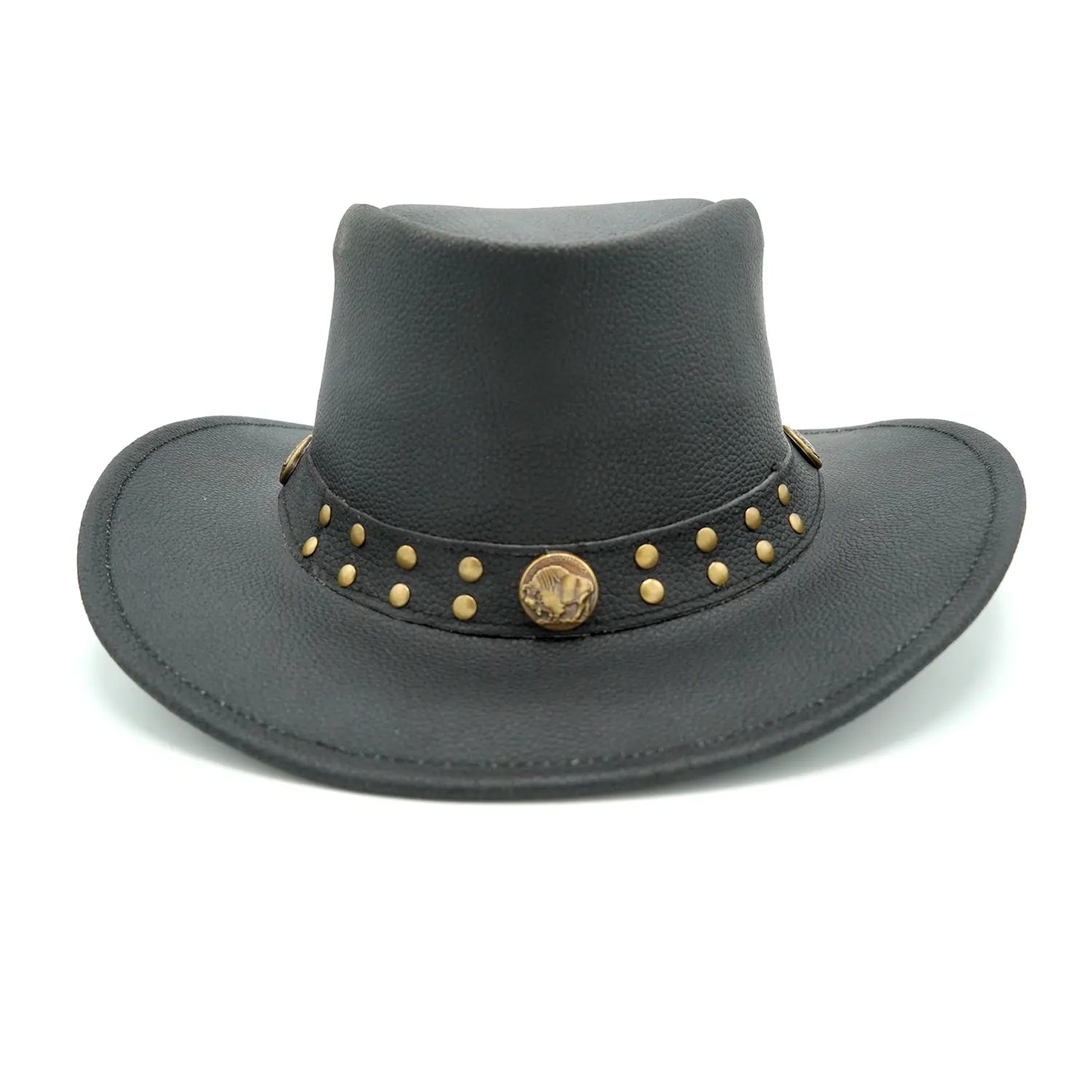 Black Western cowboy hat with a buffalo concho hatband, shown in a front-facing view.