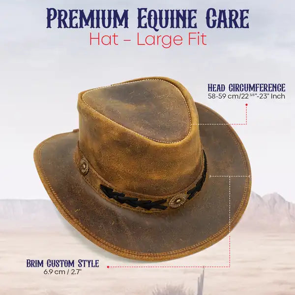 Brown leather hat with measurements on a white background