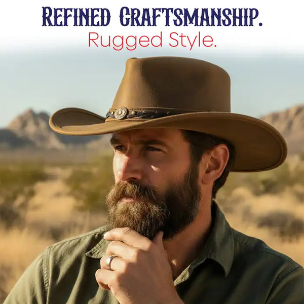 Man wearing a cowboy hat with desert landscape in the background, text 'Refined Craftsmanship. Rugged Style.'