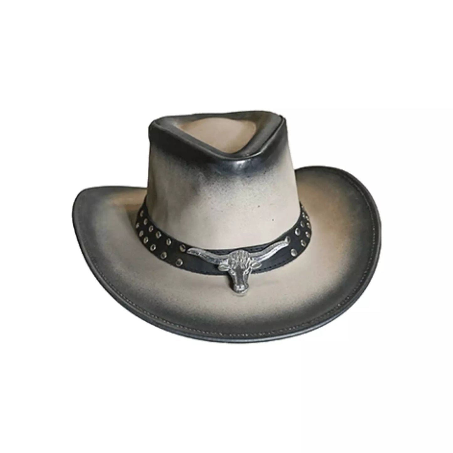 front view of equinecares long horn leather cowboy hat featuring sheriff star concho band and two tone ombre leather
