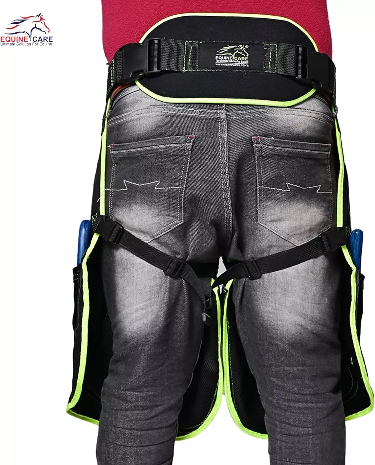 A breathable women’s farrier apron featuring a 23-inch ergonomic cut, magnetic nail holders, and knife pockets Black with Green Piping
