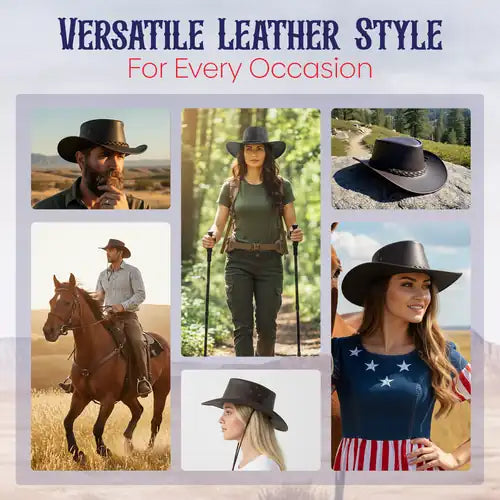 Collage of people wearing black hats with text 'Versatile Leather Style For Every Occasion' on a white background.