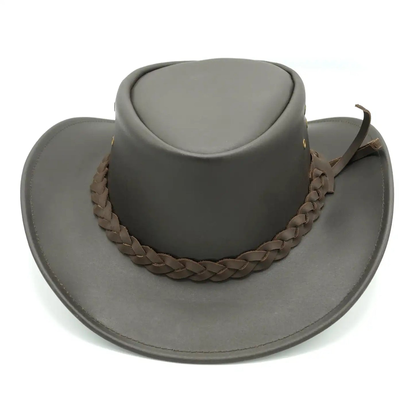 Gray cowboy hat with braided brown band on a white background