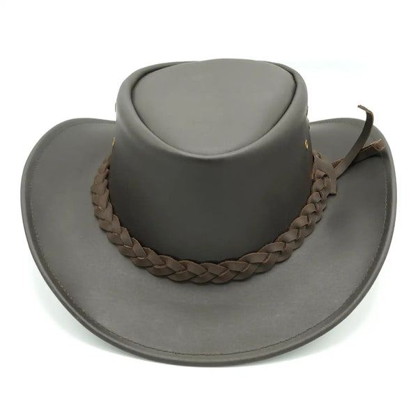 Gray cowboy hat with braided brown band on a white background