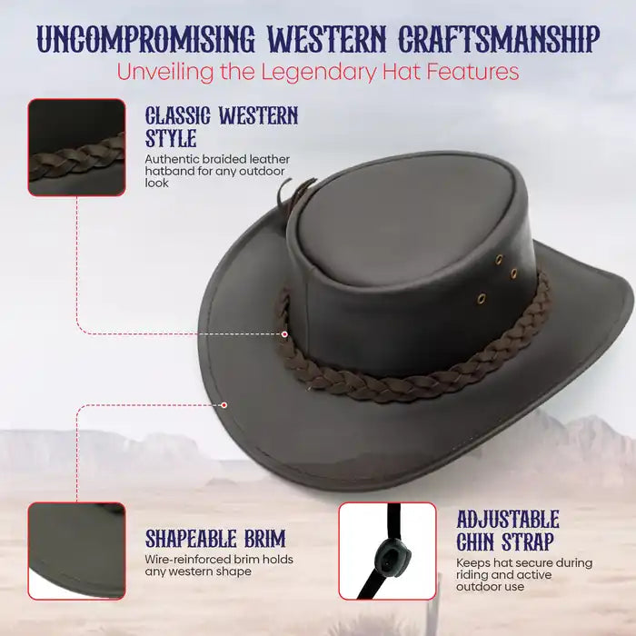 Gray cowboy hat with braided leather band and text highlighting features on a light gray background