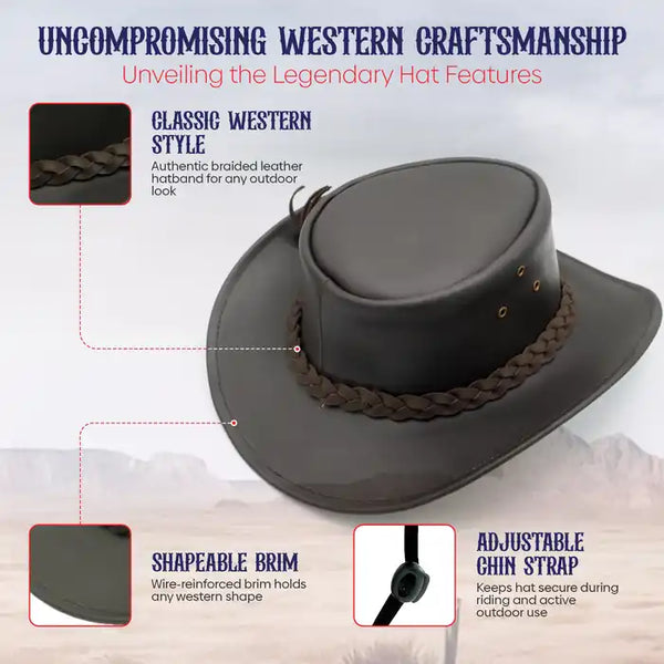 Gray cowboy hat with braided leather band and text highlighting features on a light gray background