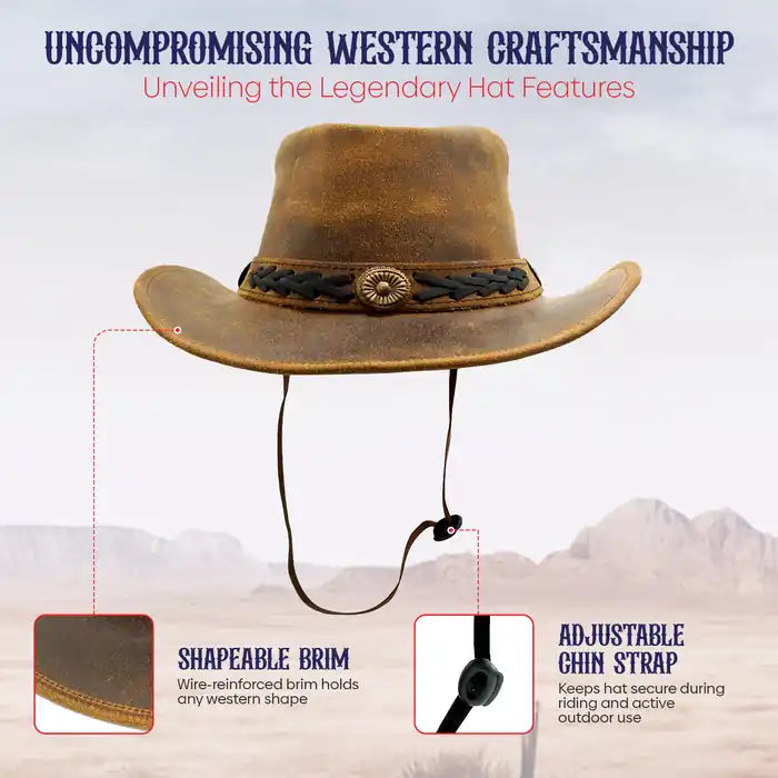 Brown leather cowboy hat with features highlighted on a mountainous background