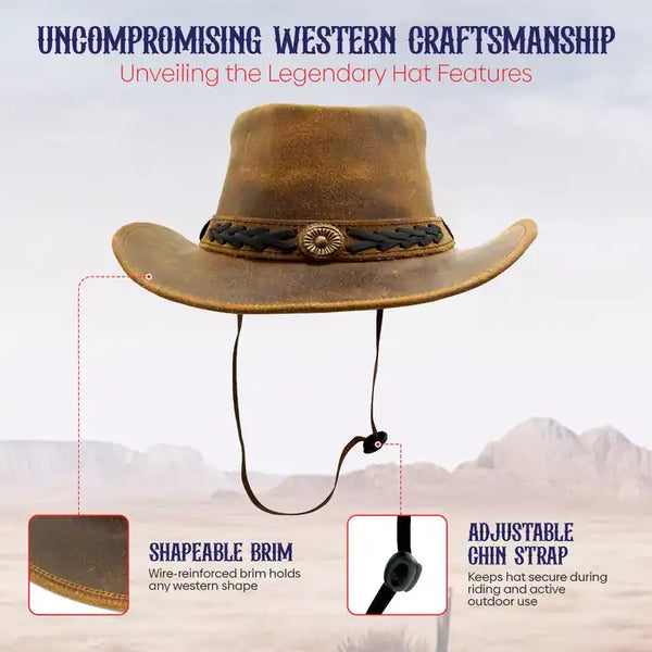 Brown leather cowboy hat with features highlighted on a mountainous background