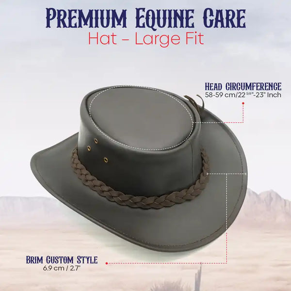Gray hat with braided brown band on a white background, labeled as 'Premium Equine Care Hat - Large Fit'.