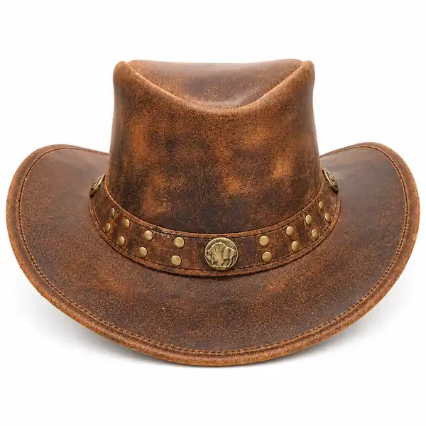 Brown leather hat with studded band on a white background