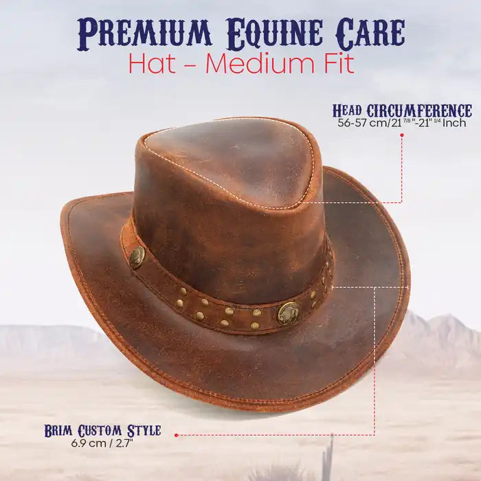 Brown leather hat with decorative band on a white background, labeled 'Premium Equine Care'.