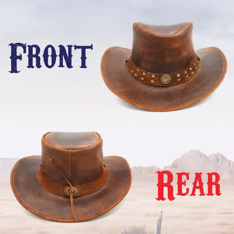Brown leather hat shown from front and rear on a white background