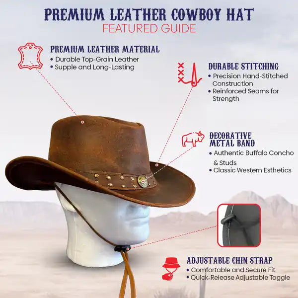 Premium leather cowboy hat with features highlighted on a white background