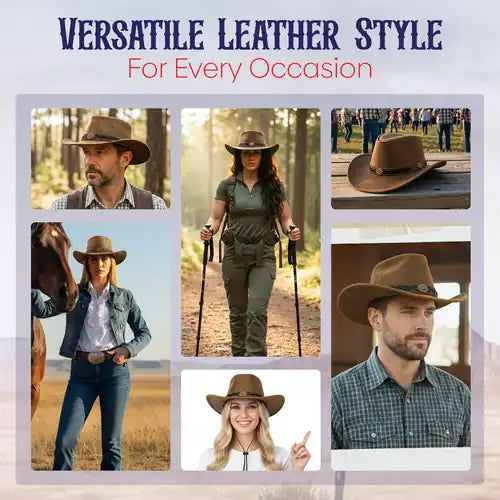 Collage of people wearing cowboy hats with text 'Versatile Leather Style For Every Occasion' on a white background.