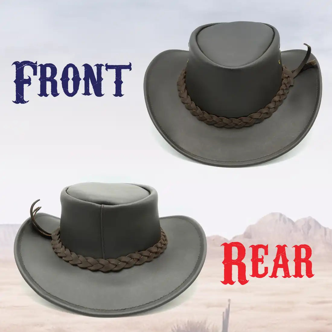 Gray cowboy hat with braided band shown from front and rear angles on a white background.