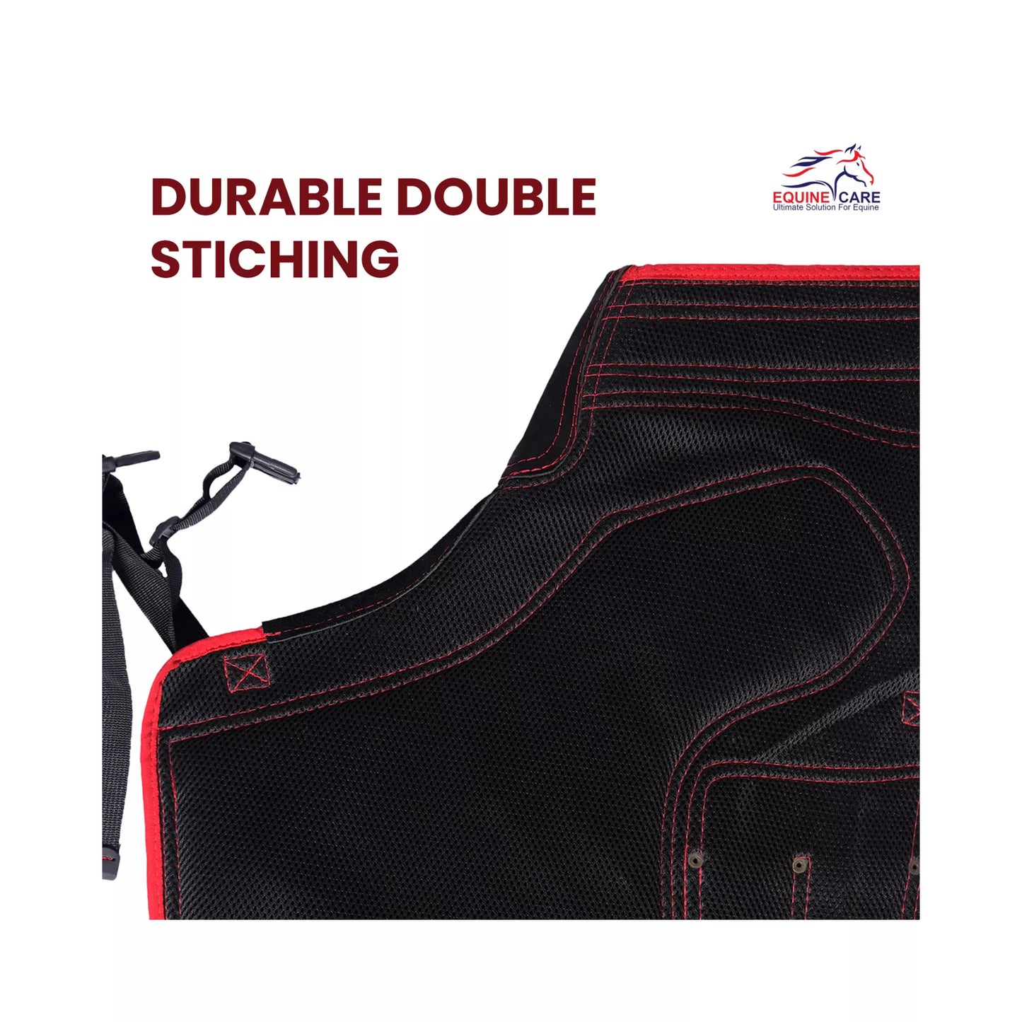 Equine Care Pro Artisan Farrier Apron - Black with Red Piping Close-up of black farrier chap highlighting reinforced double stitching with red contrast thread for added durability during professional horse shoeing and hoof care work