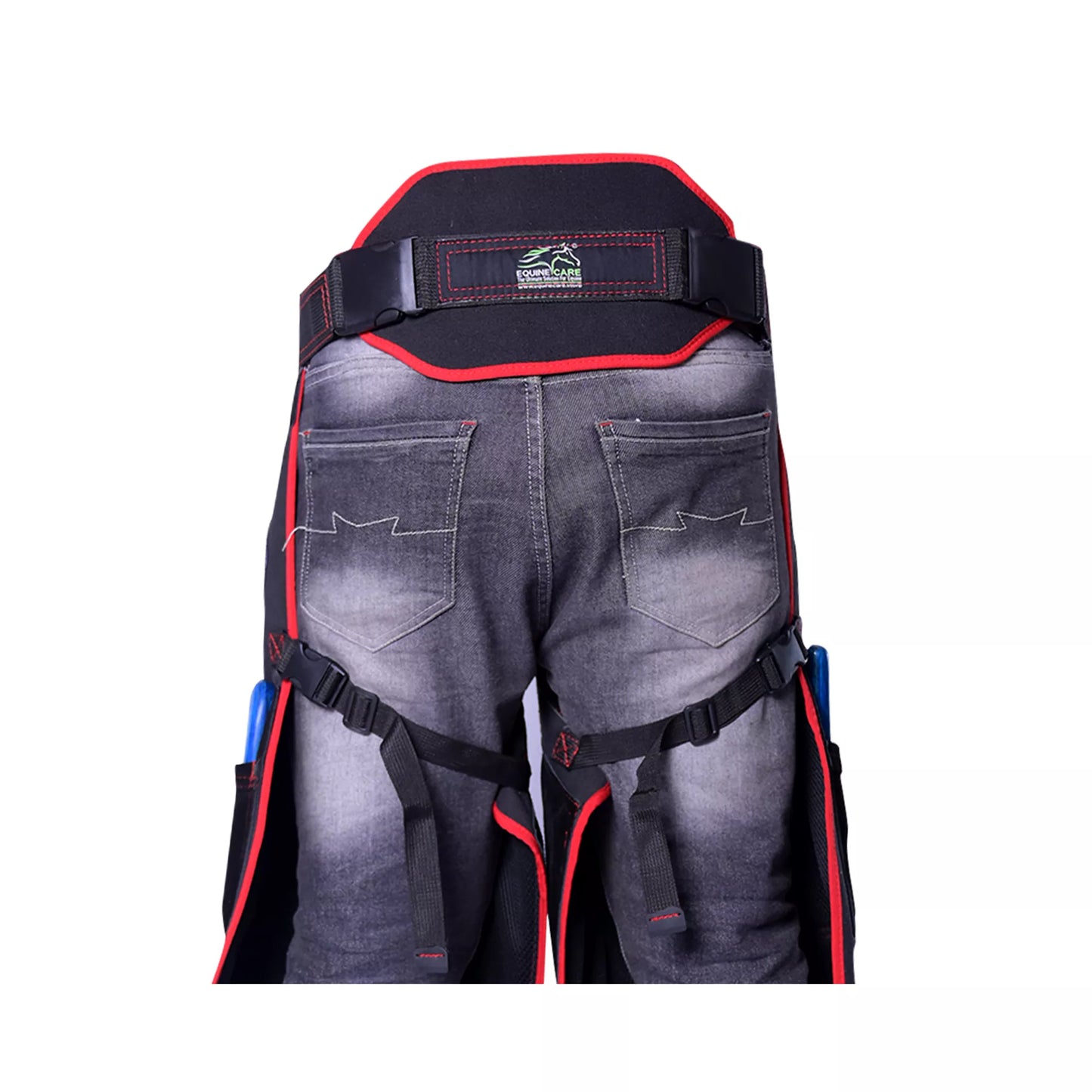 Rear view of black farrier chaps showing wide adjustable back support belt, secure leg straps, and red trim, designed for comfort and stability during professional horse shoeing work